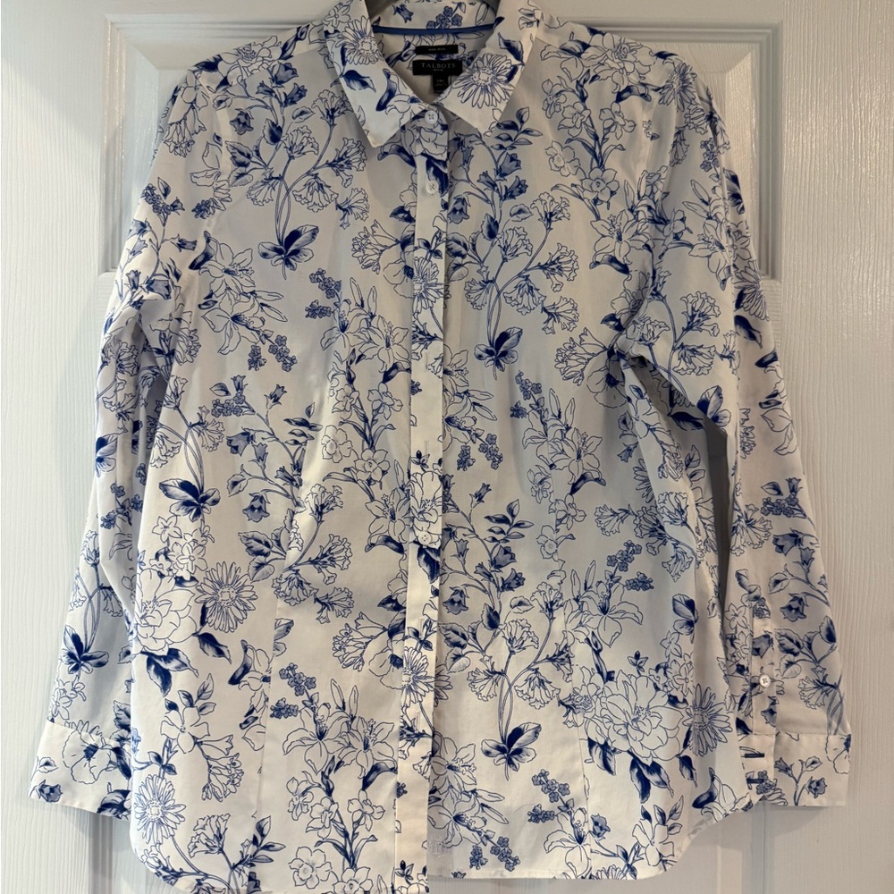Talbots White Button-Up Shirt with Blue Floral Print. Non-Iron.